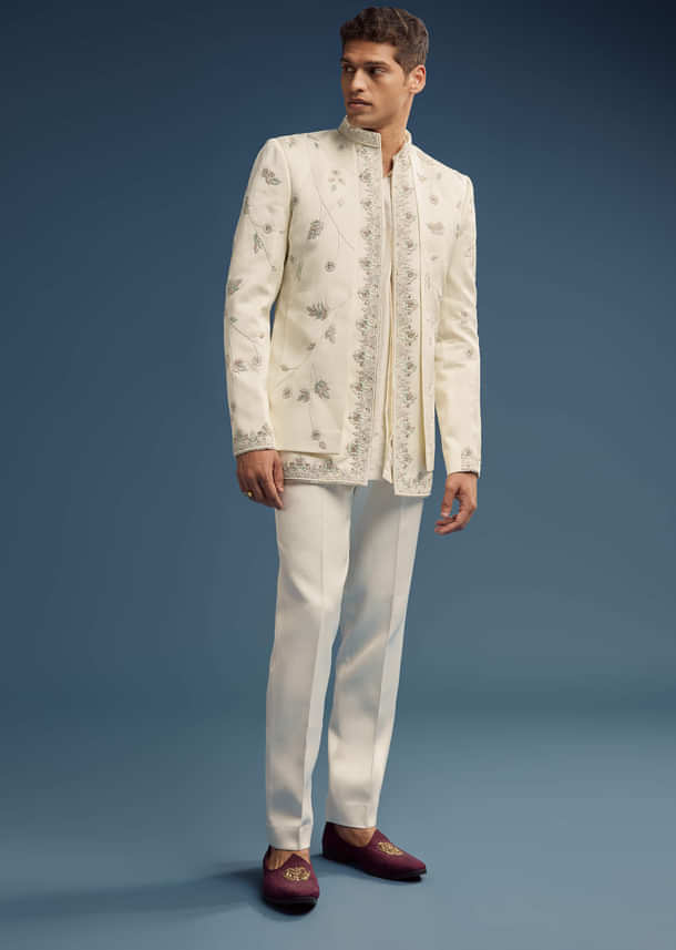Ivory Dola Silk Jodhpuri Suit For Men With Zardosi Embroidery