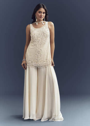 Ivory Georgette Palazzo Suit With Heavy Hand Embroidery
