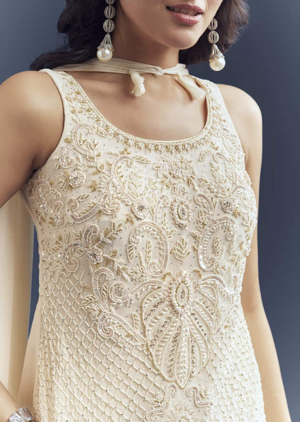 Ivory Georgette Palazzo Suit With Heavy Hand Embroidery Ivory Georgette Palazzo Suit With Heavy Hand Embroidery