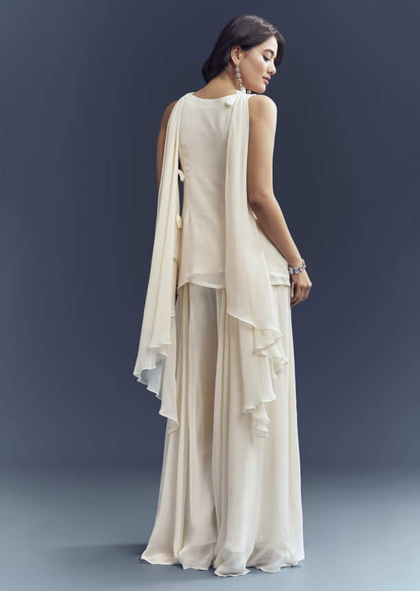 Ivory Georgette Palazzo Suit With Heavy Hand Embroidery Ivory Georgette Palazzo Suit With Heavy Hand Embroidery
