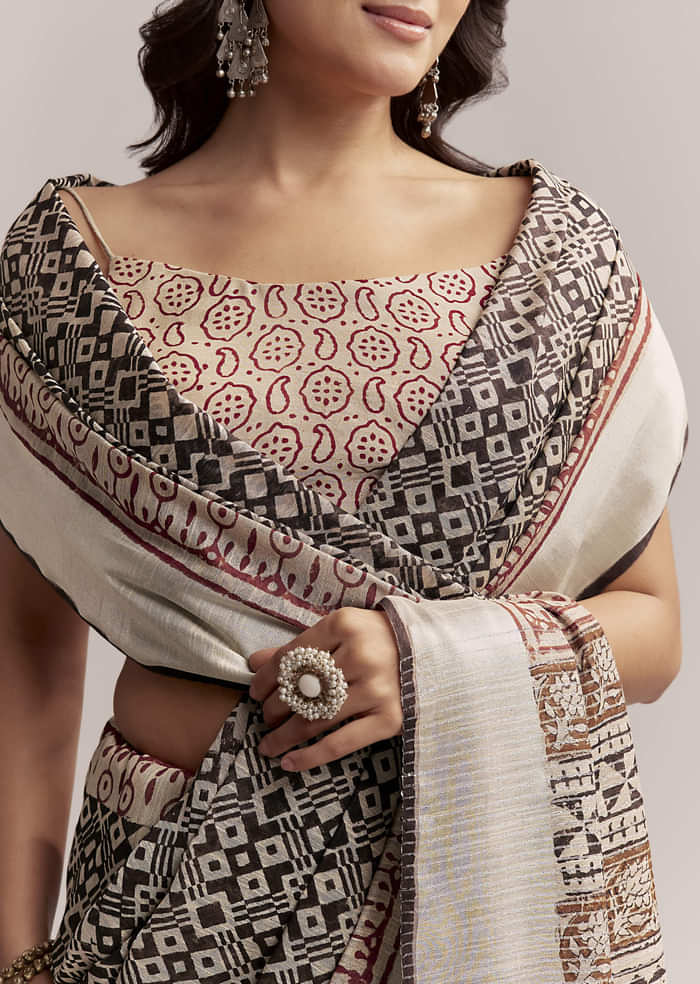 Ivory Linen Printed Saree With Authentic Ajrakh Print