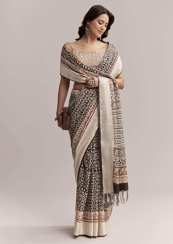 Ivory Linen Printed Saree With Authentic Ajrakh Print