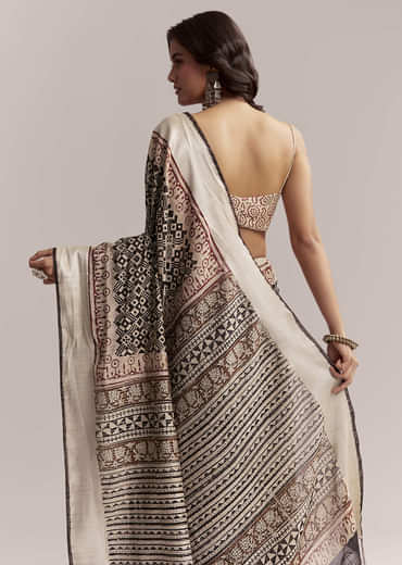 Ivory Linen Printed Saree With Authentic Ajrakh Print