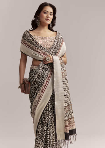 Ivory Linen Printed Saree With Authentic Ajrakh Print