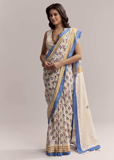 Ivory Linen Printed Saree With Handcrafted Ajrakh Patch Work