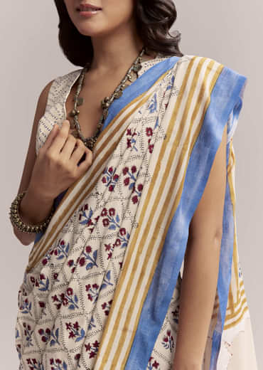 Ivory Linen Printed Saree With Handcrafted Ajrakh Patch Work