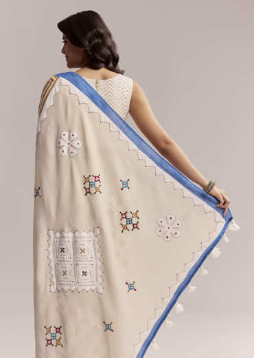 Ivory Linen Printed Saree With Handcrafted Ajrakh Patch Work