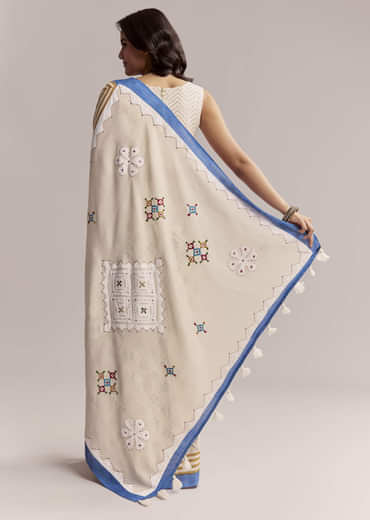 Ivory Linen Printed Saree With Handcrafted Ajrakh Patch Work