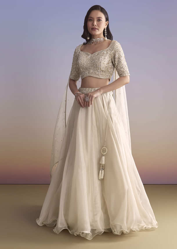 Ivory Organza Bridesmaid Lehenga With Sequins And Cutdana Embroidery