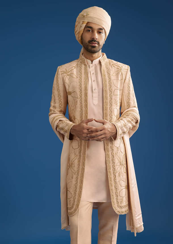 Ivory Raw Silk Sherwani Set With Mixed Hand Work And Organza Satin Accents