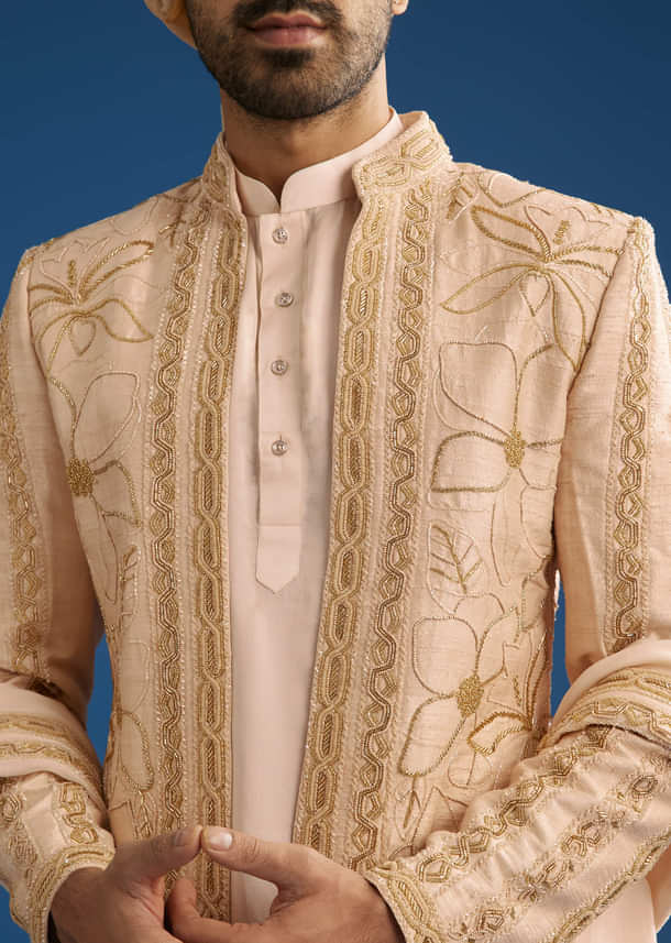 Ivory Raw Silk Sherwani Set With Mixed Hand Work And Organza Satin Accents