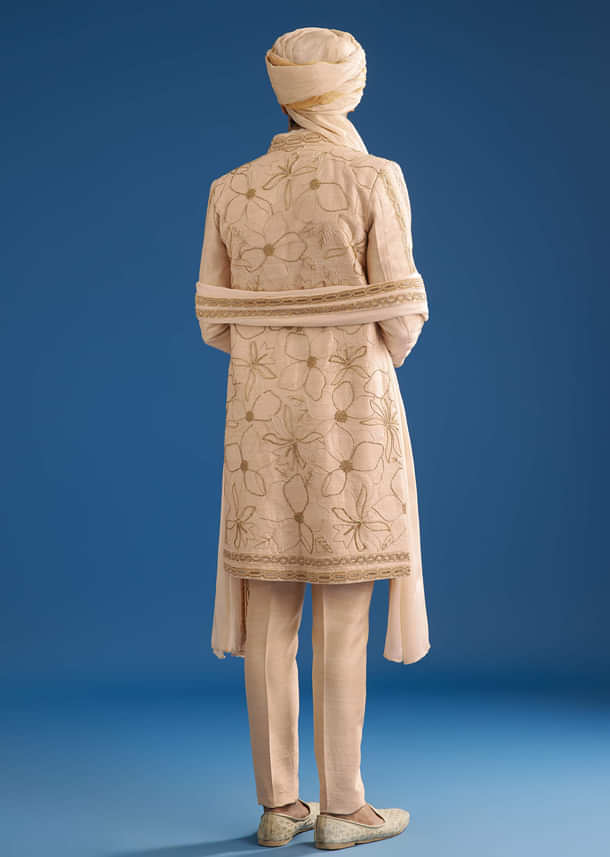 Ivory Raw Silk Sherwani Set With Mixed Hand Work And Organza Satin Accents