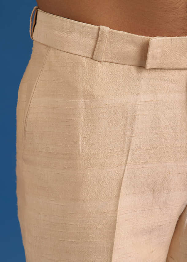 Ivory Raw Silk Sherwani Set With Mixed Hand Work And Organza Satin Accents