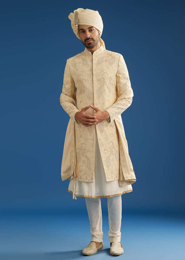 Ivory Silk Groom Sherwani Set With Dori And Zardosi Embroidery