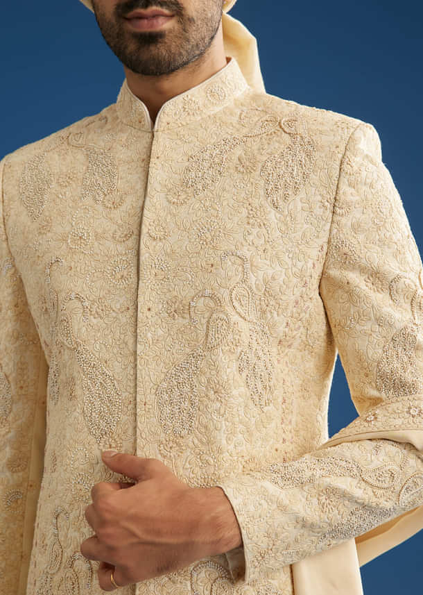 Ivory Silk Groom Sherwani Set With Dori And Zardosi Embroidery