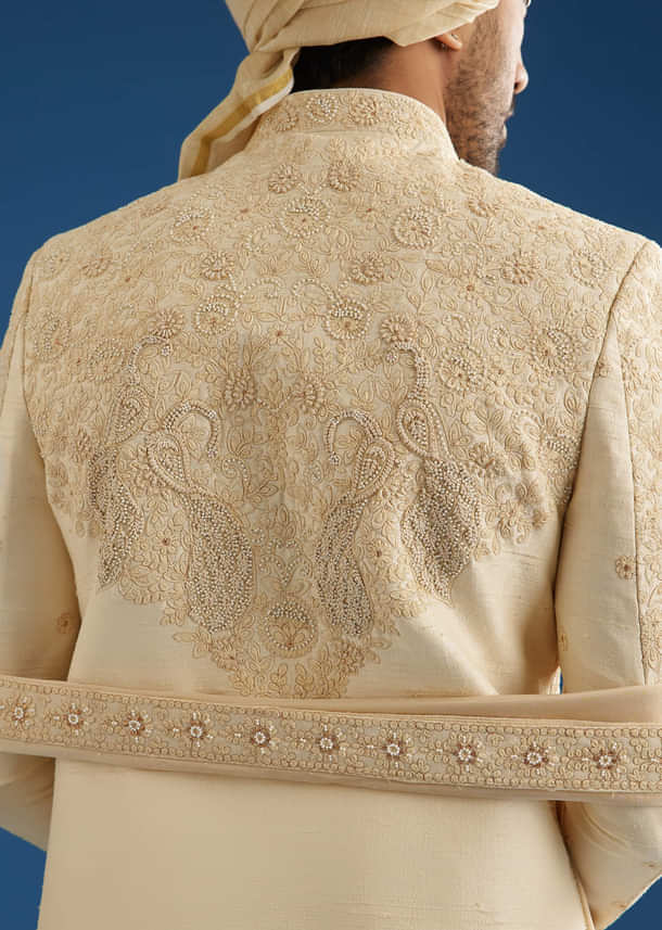 Ivory Silk Groom Sherwani Set With Dori And Zardosi Embroidery