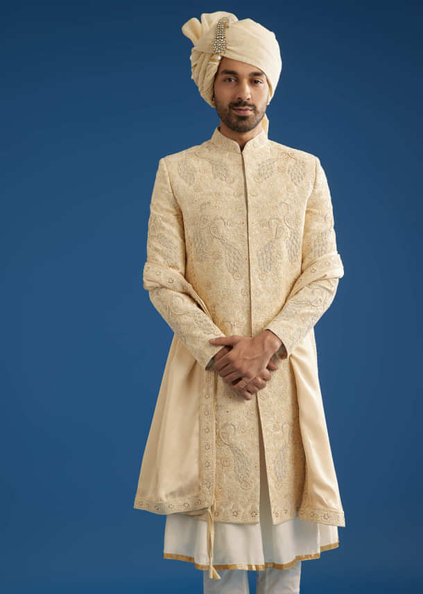 Ivory Silk Groom Sherwani Set With Dori And Zardosi Embroidery