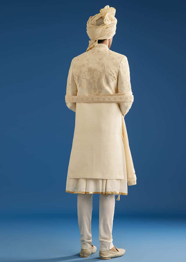 Ivory Silk Groom Sherwani Set With Dori And Zardosi Embroidery