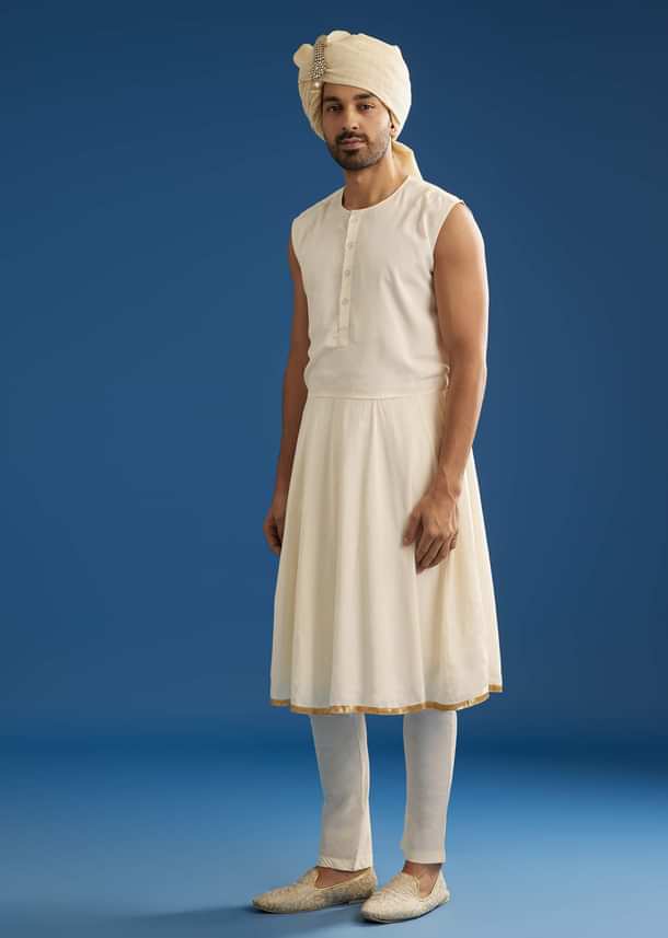 Ivory Silk Groom Sherwani Set With Dori And Zardosi Embroidery