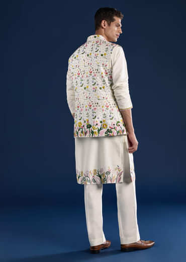 Ivory Silk Jacket Kurta Set with Resham Work