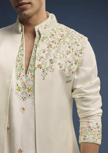 Ivory Silk Kurta Jacket Set For Men With Zardosi Work