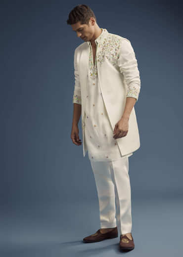Ivory Silk Kurta Jacket Set For Men With Zardosi Work