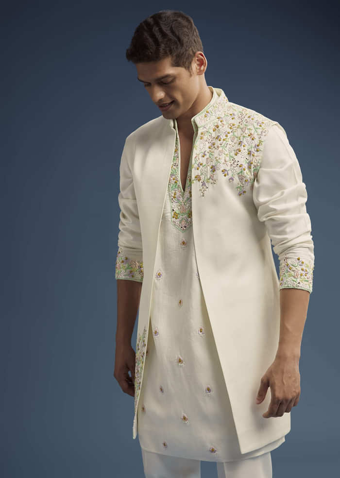 Ivory Silk Kurta Jacket Set For Men With Zardosi Work