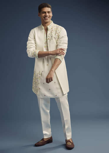 Ivory Silk Kurta Jacket Set For Men With Zardosi Work
