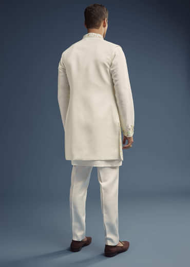 Ivory Silk Kurta Jacket Set For Men With Zardosi Work