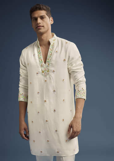 Ivory Silk Kurta Jacket Set For Men With Zardosi Work