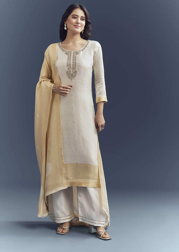 Ivory Silk Kurta Set With Jacquard Weave And Zardosi Work