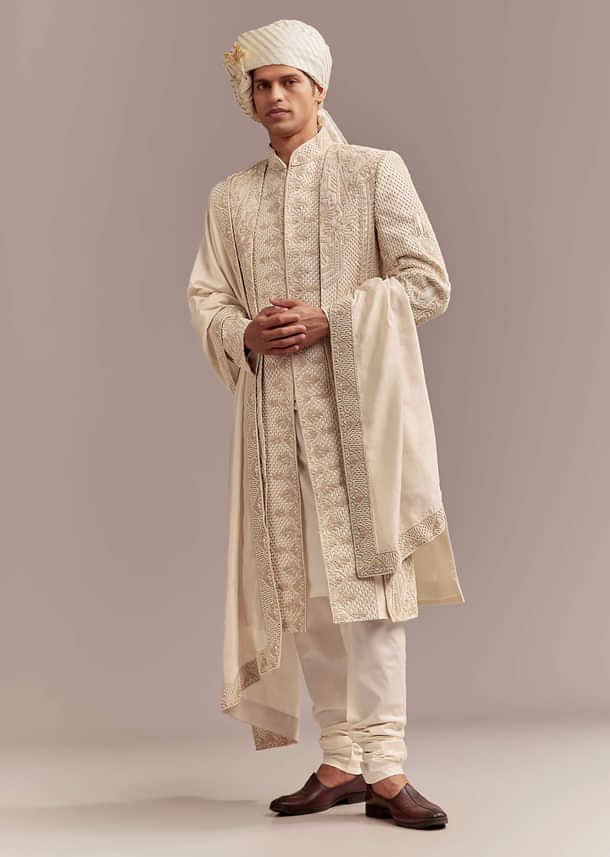 Ivory Silk Sherwani For Groom With Geometric And Floral Embroidery