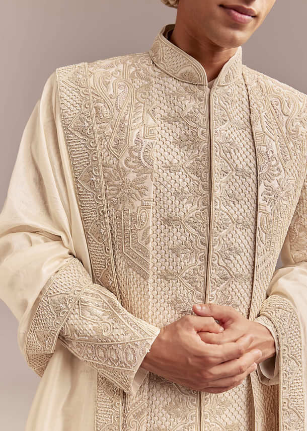 Ivory Silk Sherwani For Groom With Geometric And Floral Embroidery