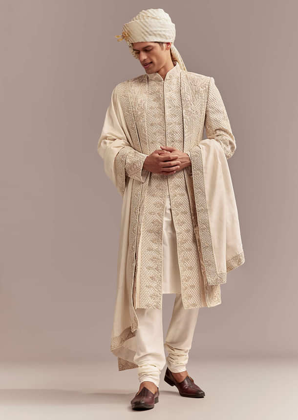 Ivory Silk Sherwani For Groom With Geometric And Floral Embroidery