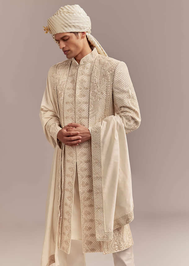 Ivory Silk Sherwani For Groom With Geometric And Floral Embroidery