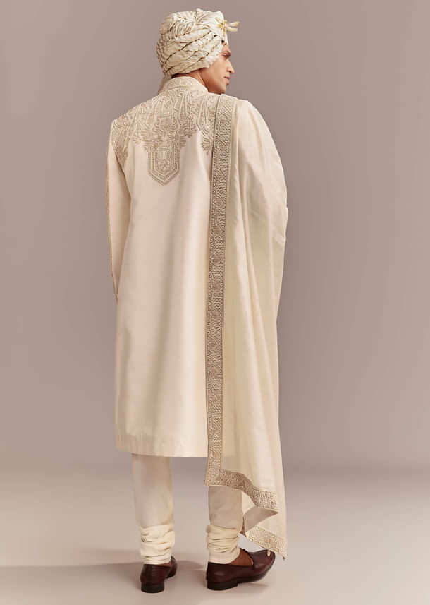 Ivory Silk Sherwani For Groom With Geometric And Floral Embroidery