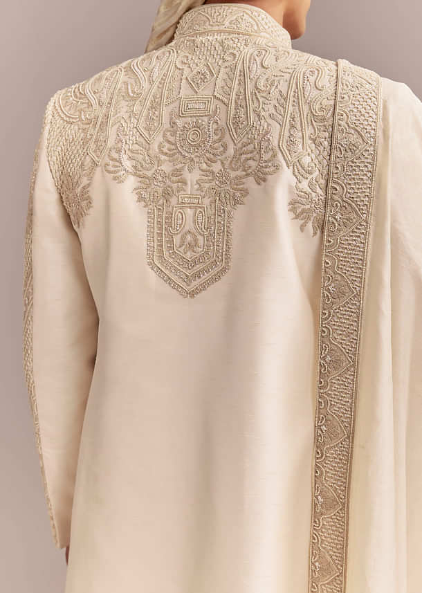 Ivory Silk Sherwani For Groom With Geometric And Floral Embroidery