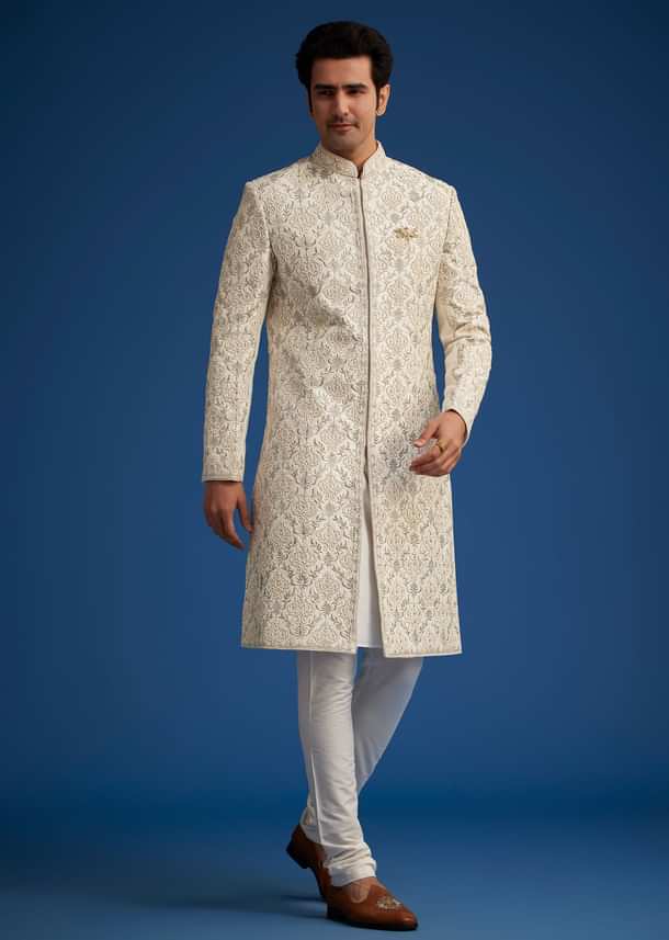 Ivory Silk Sherwani With Resham Zari And Zardosi Work