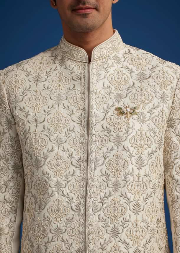 Ivory Silk Sherwani With Resham Zari And Zardosi Work