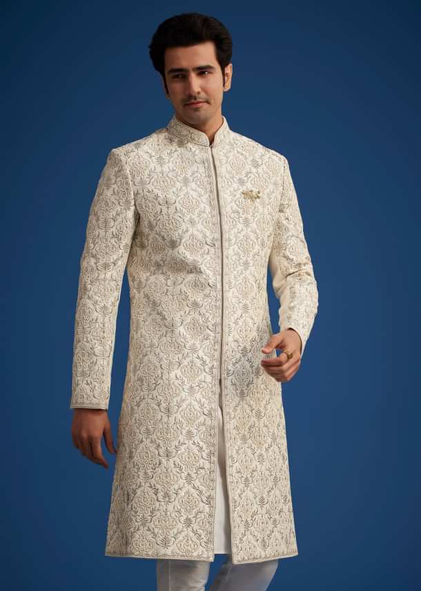 Ivory Silk Sherwani With Resham Zari And Zardosi Work