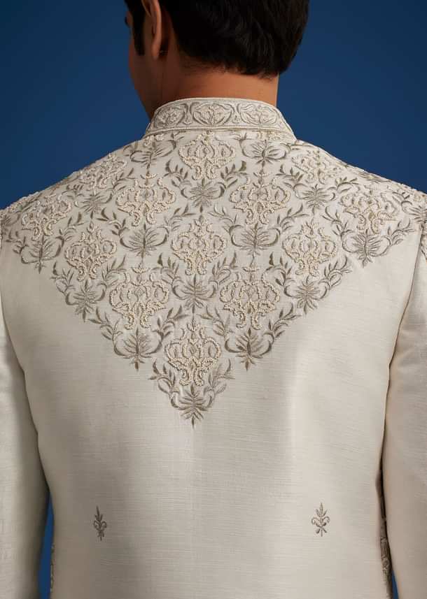 Ivory Silk Sherwani With Resham Zari And Zardosi Work