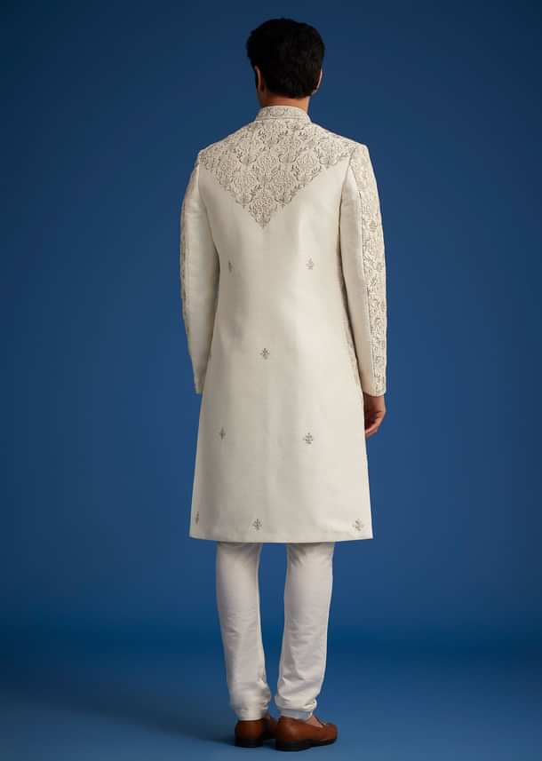 Ivory Silk Sherwani With Resham Zari And Zardosi Work