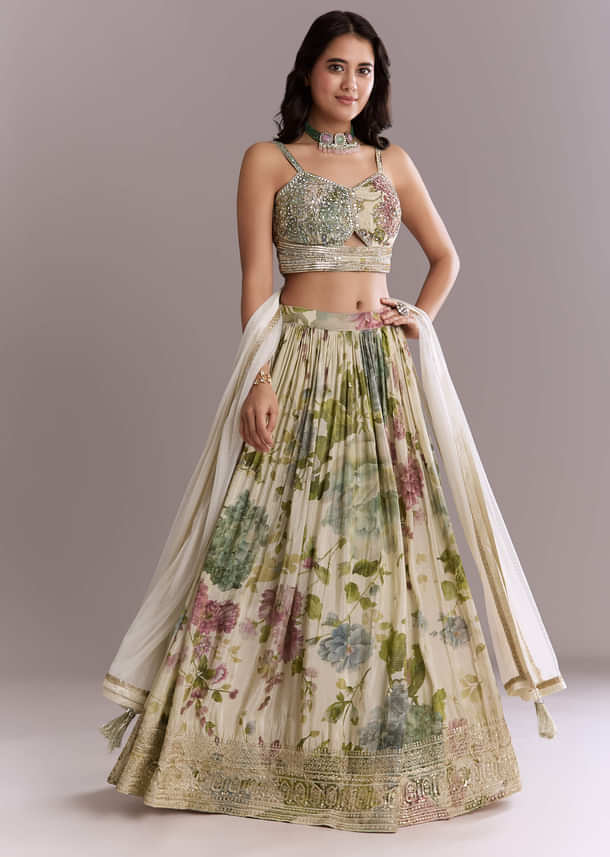 Ivory Tissue Bridesmaid Lehenga With Floral Print And Embroidery Ivory Tissue Bridesmaid Lehenga With Floral Print And Embroidery