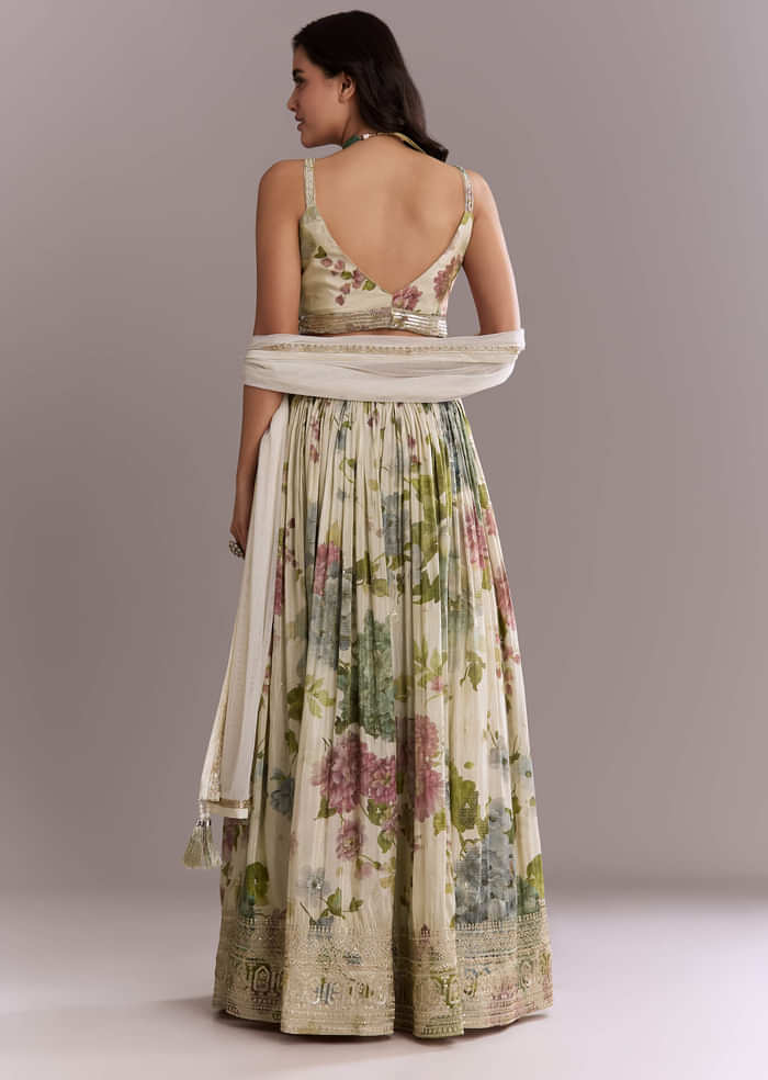 Ivory Tissue Bridesmaid Lehenga With Floral Print And Embroidery