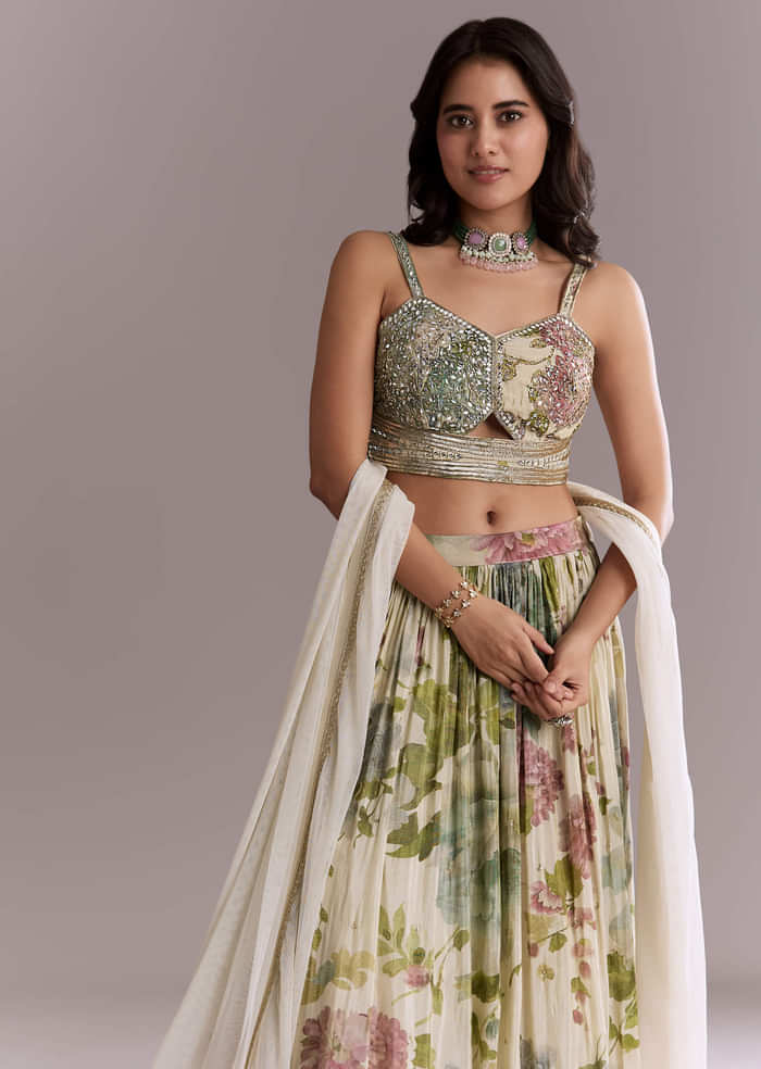 Ivory Tissue Bridesmaid Lehenga With Floral Print And Embroidery