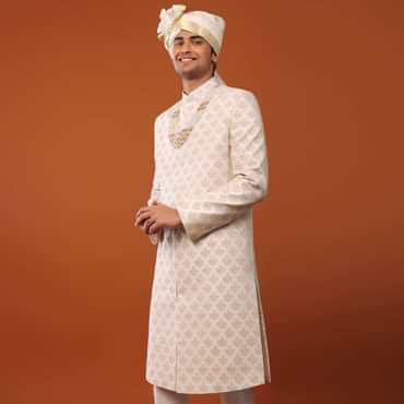 Ivory-White Sherwani Set in Silk With Sequins Embroidery