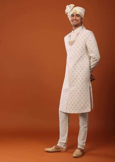Ivory-White Sherwani Set in Silk With Sequins Embroidery