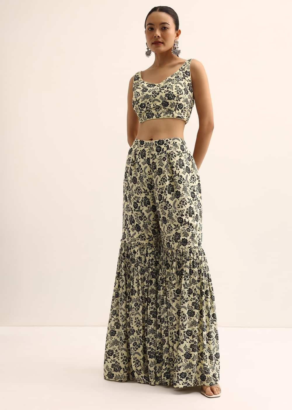 Ivory And Black Crop Top And Sharara Set