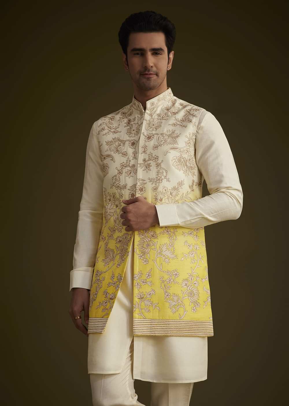 Ivory And Yellow Ombre Silk Jacket Set With Zari Work