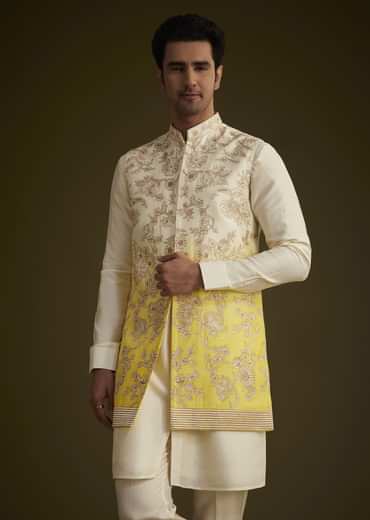 Ivory And Yellow Ombre Silk Jacket Set With Zari Work